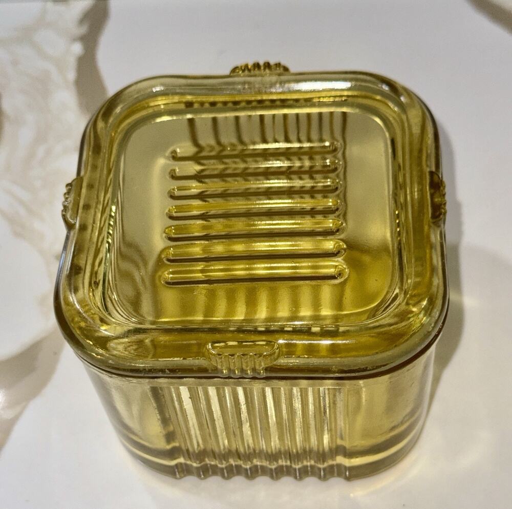Federal Amber Depression Glass Square Ribbed Refrigerator Dish W/Lid 3.5”x4”